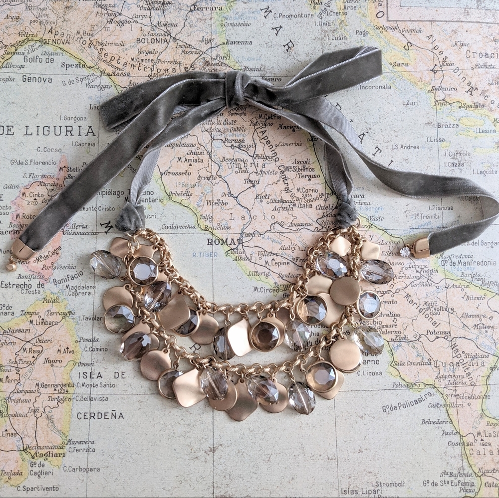 Gold Two-Layer Velvet Tie Necklace with Smokey Crystal